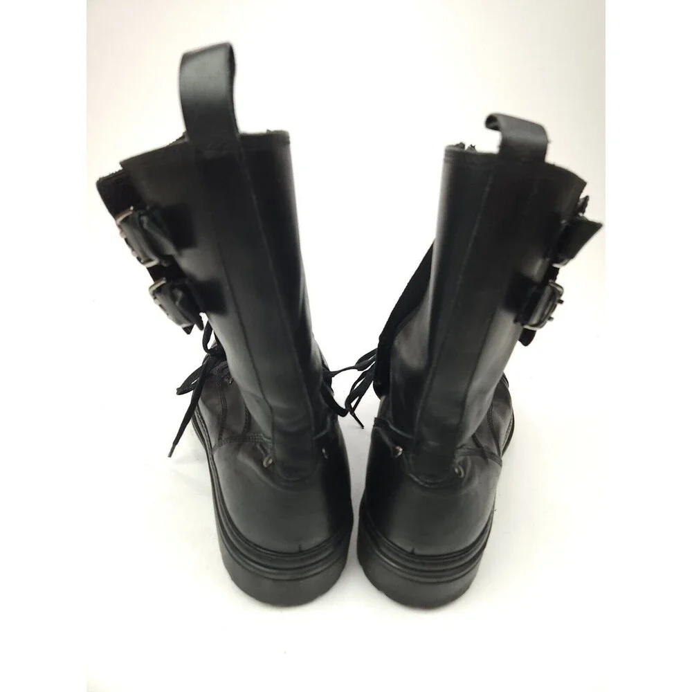 Bruno Magli Combat Motorcycle Black Boots Size 10 Black Leather High Buckle Tie